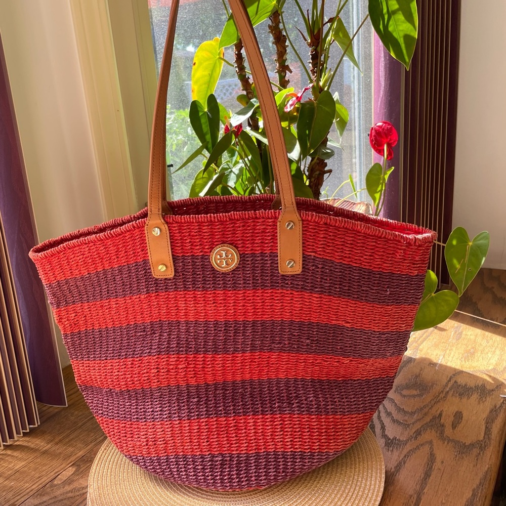 Tory Burch Tyler Straw Tote Red Purple  EUC
